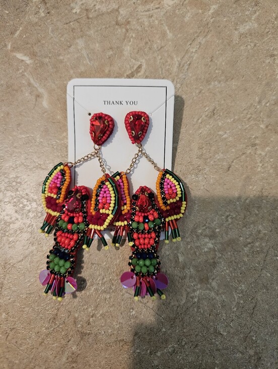 Jewelry - Colorful Beaded Lobster Drop Earrings - Red, Pink, Green